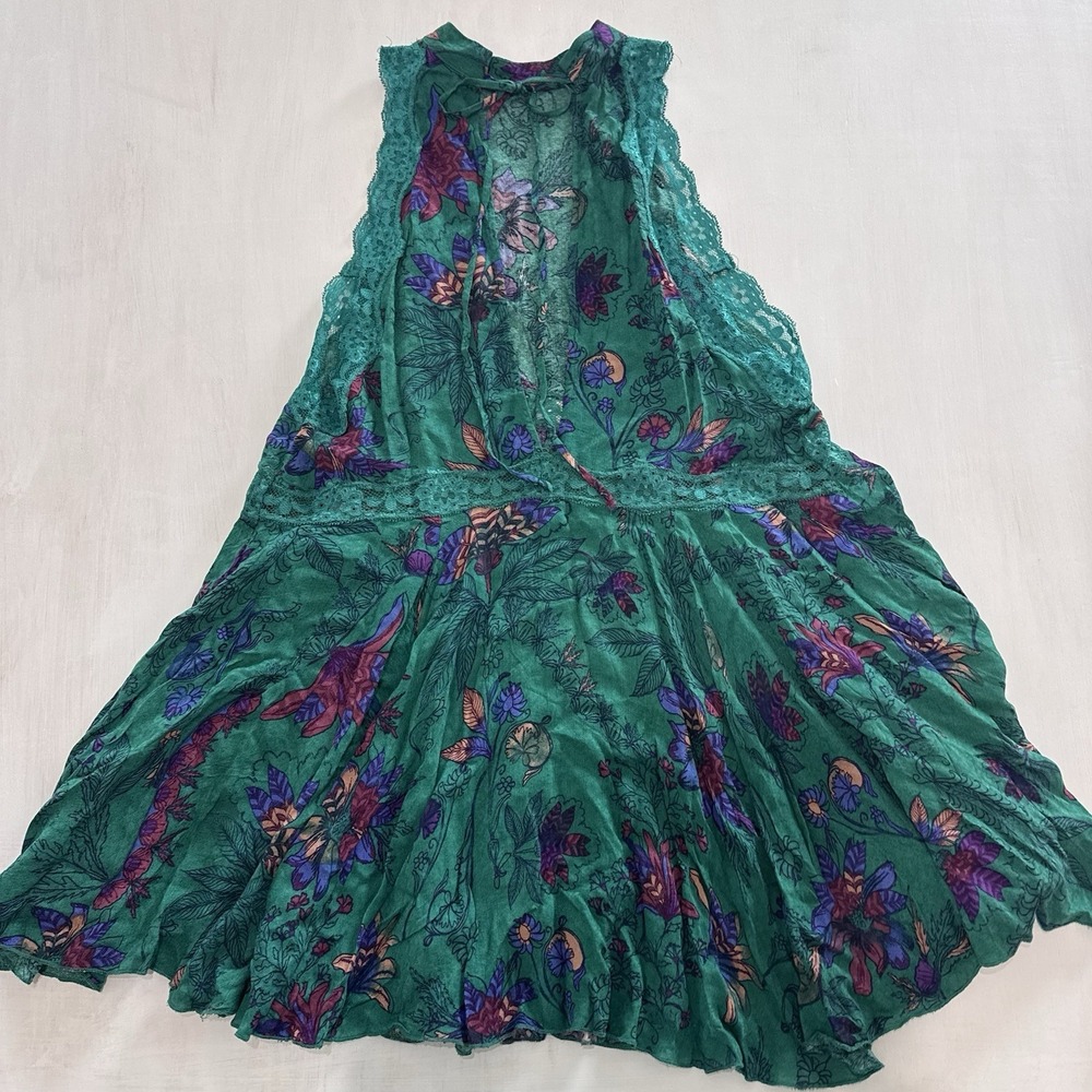 Free People Intimately She Moves Chemise Slip Dress XS Green Floral Lace Tie - Picture 15 of 16